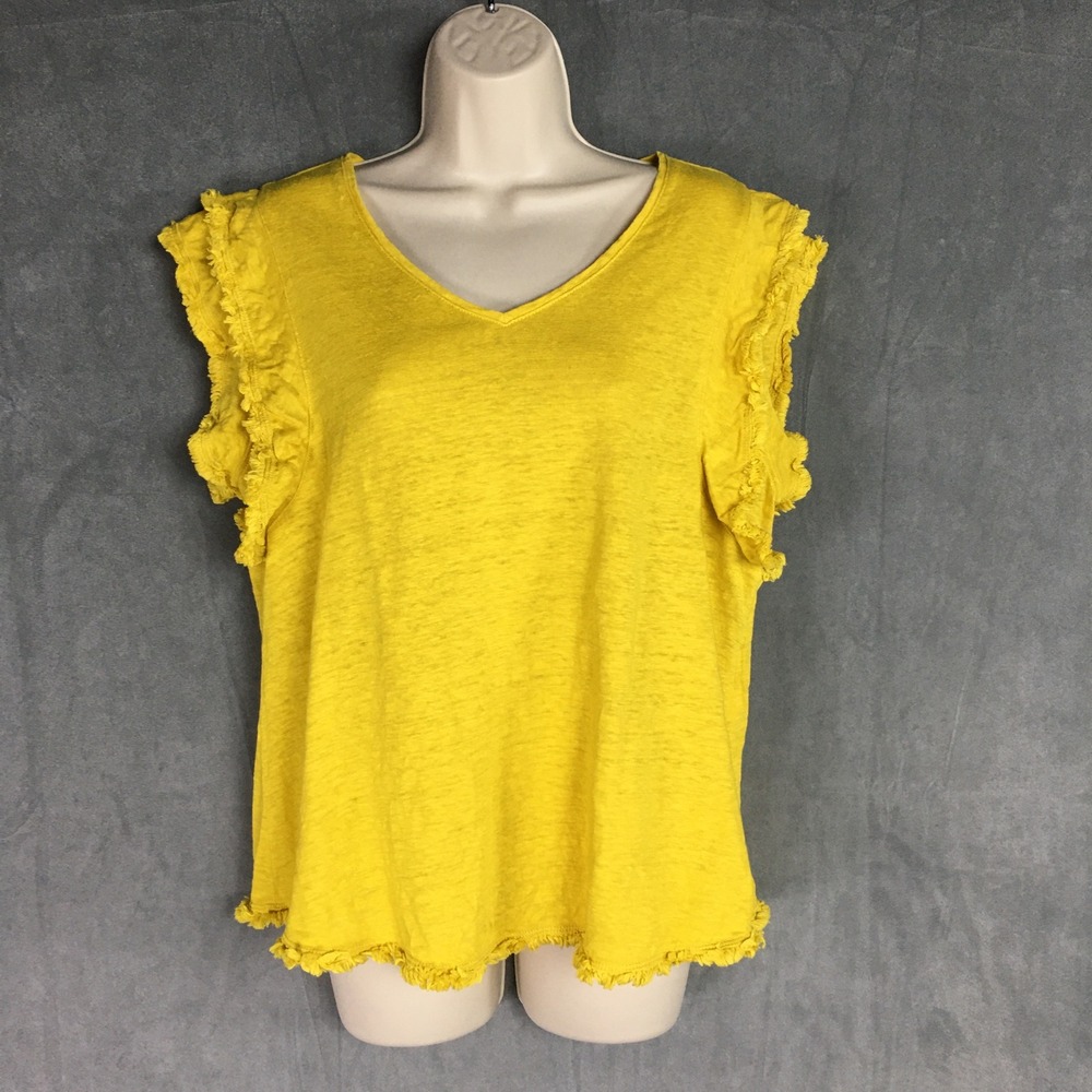 Chicos 100% Linen Yellow Top‎ XL Size 3 Fringe Trim  Boho Bright Summer Vacation